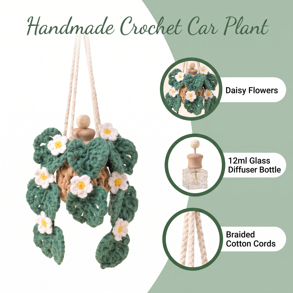 Crochet Car Plant Monstera with Daisy - features: daisy flowers, 12ml glass bottle, braided cotton cords