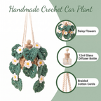 Crochet Car Plant Monstera with Daisy - features: daisy flowers, 12ml glass bottle, braided cotton cords