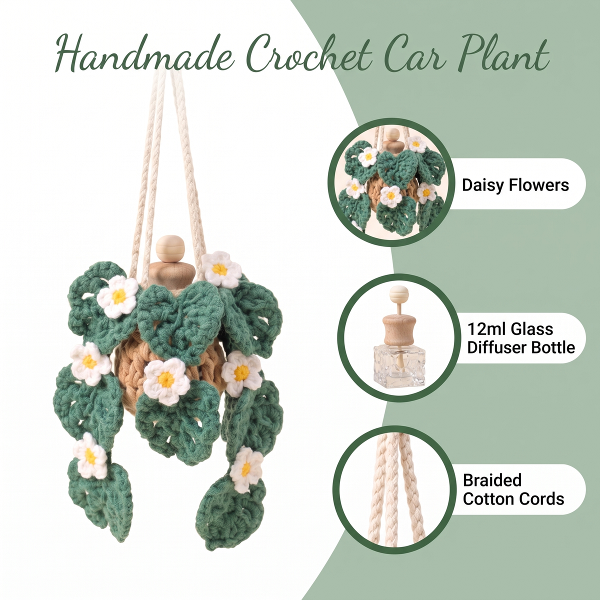 Crochet Car Plant Monstera with Daisy - features: daisy flowers, 12ml glass bottle, braided cotton cords