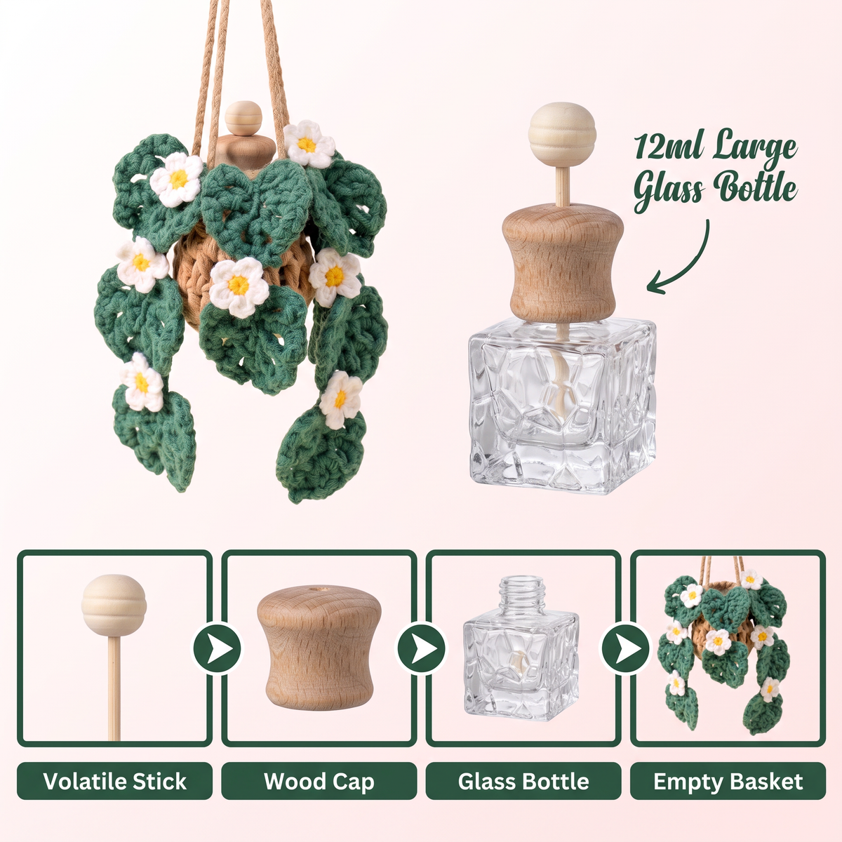 Crochet Car Plant Monstera with Daisy - 12ml glass diffuser bottle parts