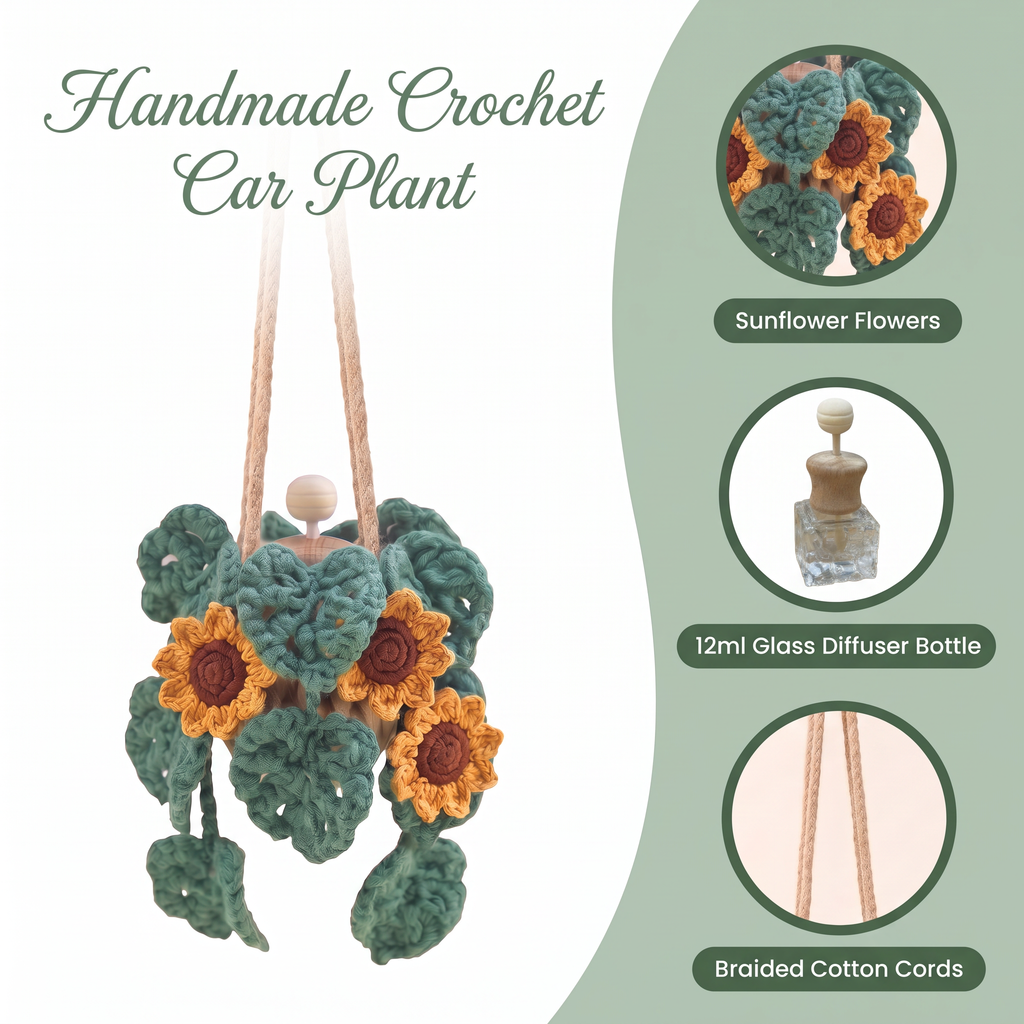 Crochet Car Plant Sunflower - features: sunflowers, 12ml glass bottle, braided cotton cords