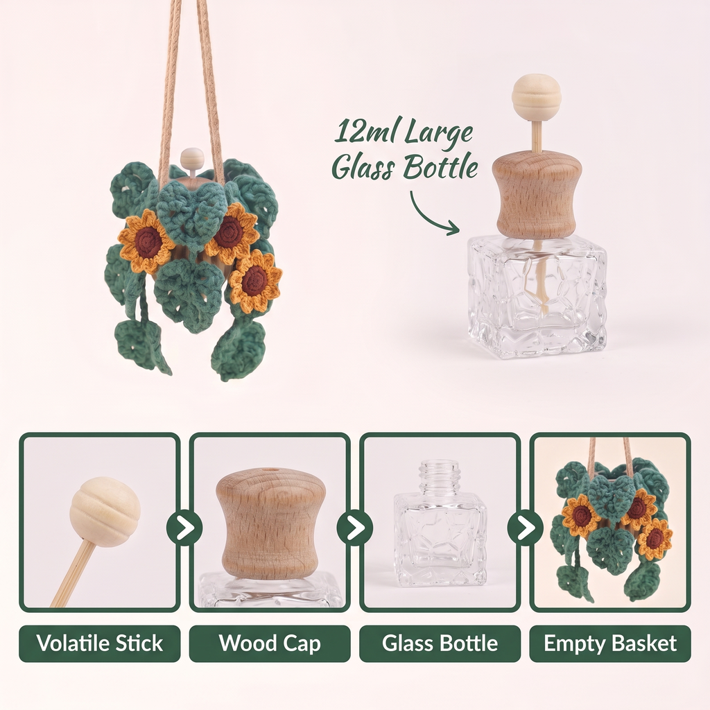 Crochet Car Plant Sunflower - 12ml glass diffuser bottle parts