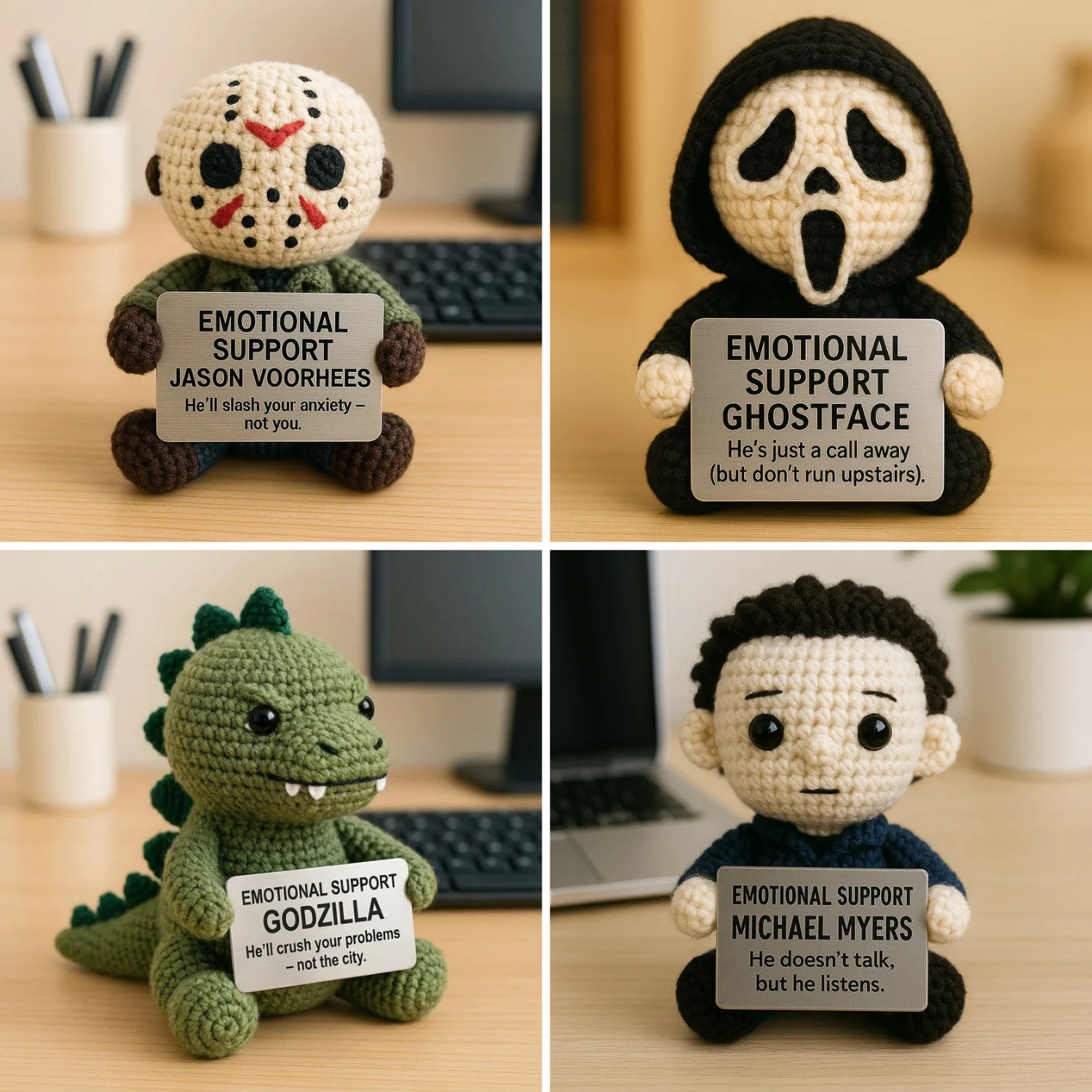Set 4 of Emotional Support Horror Villains Crochet Dolls