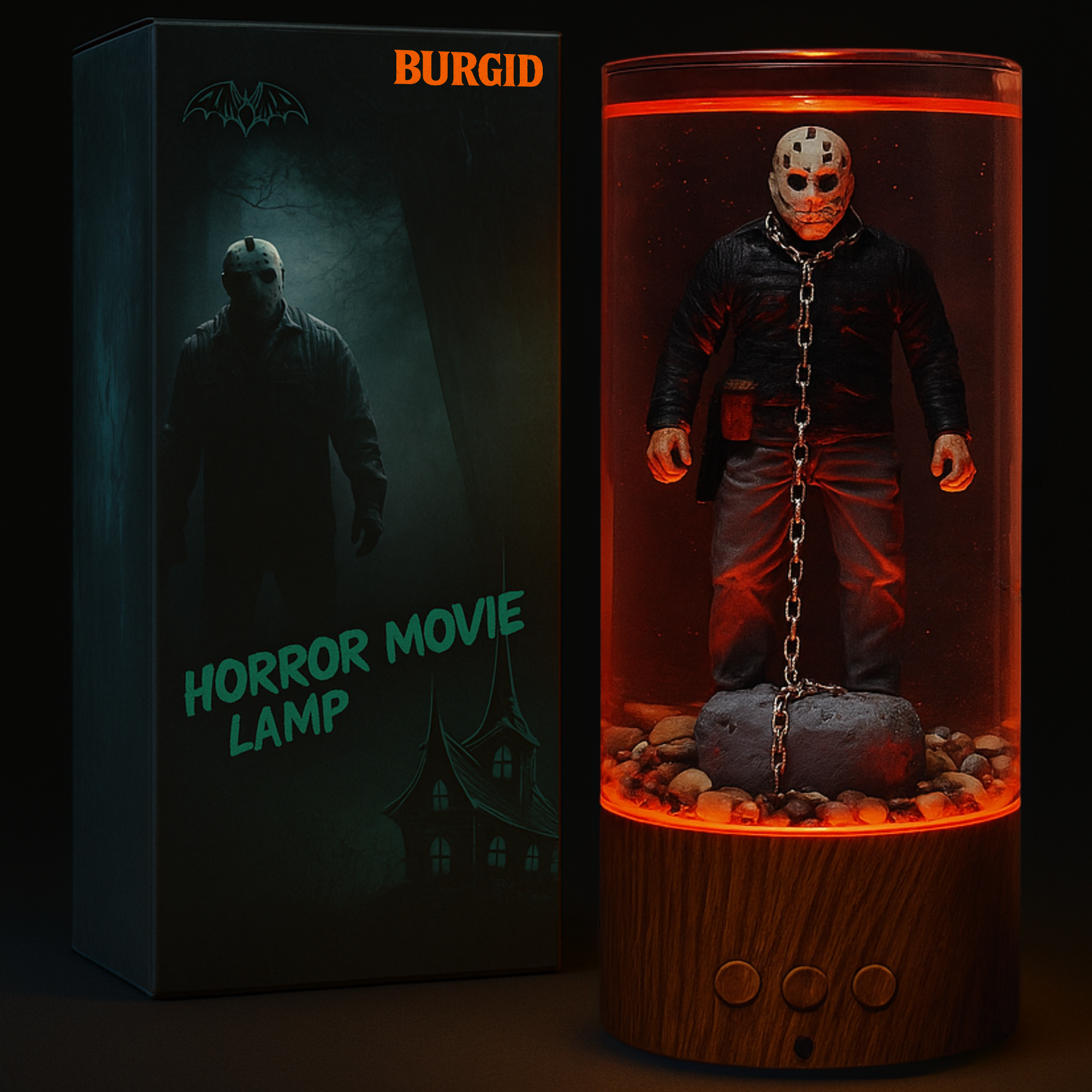 Horror-themed lamp with packaging labeled 'Burgid Horror Movie Lamp' on a dark background.