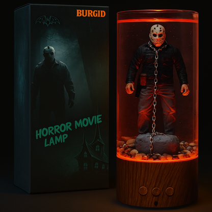 Horror-themed lamp with packaging labeled 'Burgid Horror Movie Lamp' on a dark background.