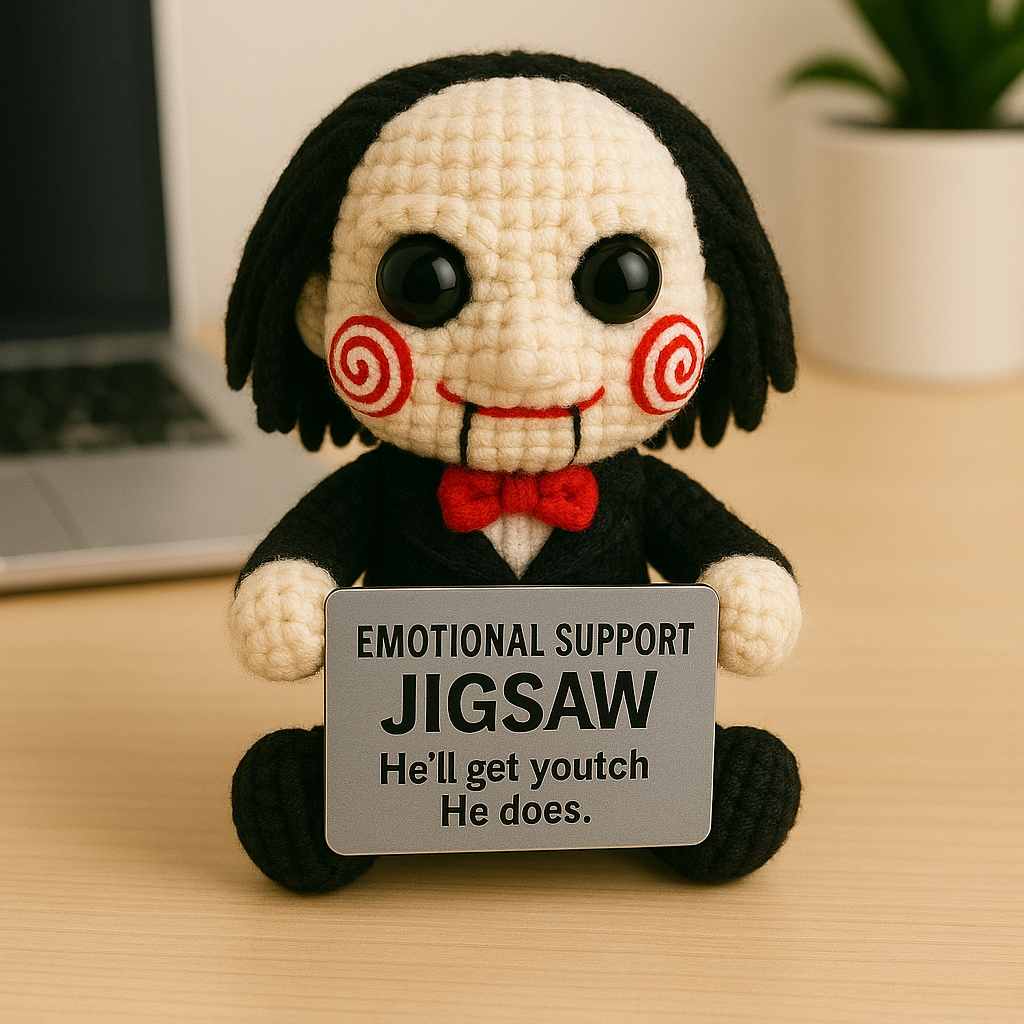 Emotional Support Jigsaw Crochet Doll, Creepy Cute Horror Plush Gift