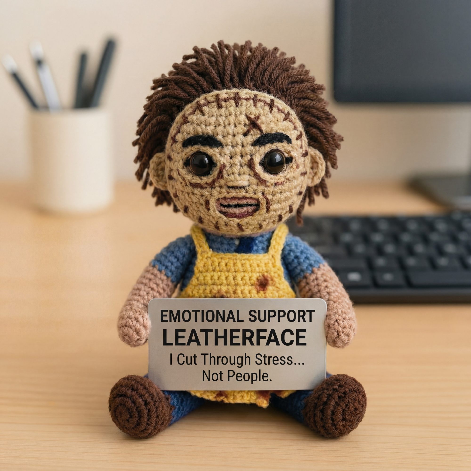Crocheted doll with a sign reading 'Emotional Support Leatherface' on a desk.