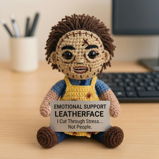Crocheted doll with a sign reading 'Emotional Support Leatherface' on a desk.
