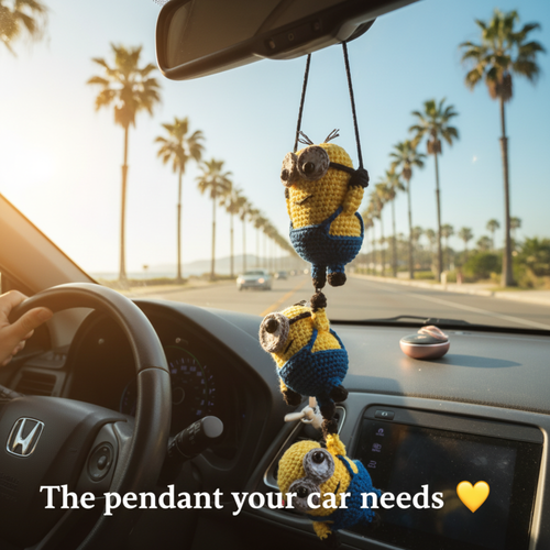Crochet Minion Car Hanging – Handmade Rearview Mirror Decoration