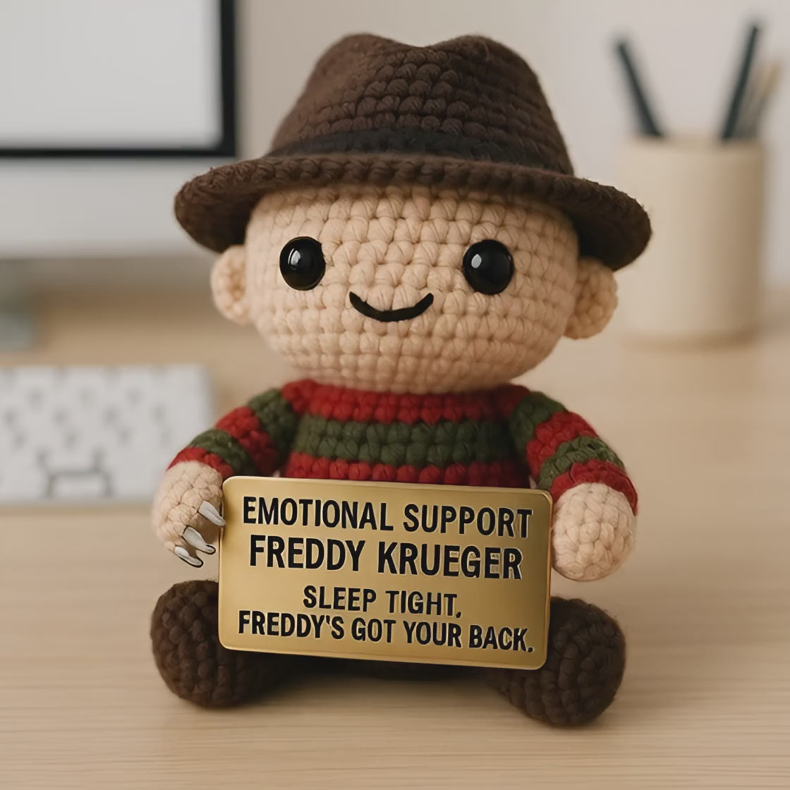 Emotional Support Freddy Amigurumi Crochet Doll, Funny Horror Plush for Halloween Collectors
