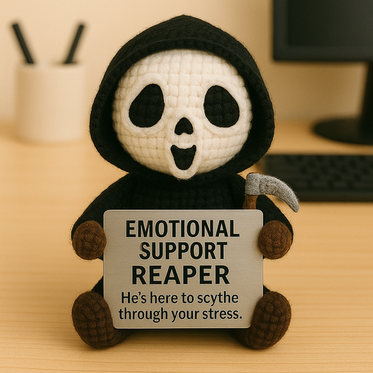 Emotional Support Grim Reaper Crochet Doll – Handmade Plush with Scythe