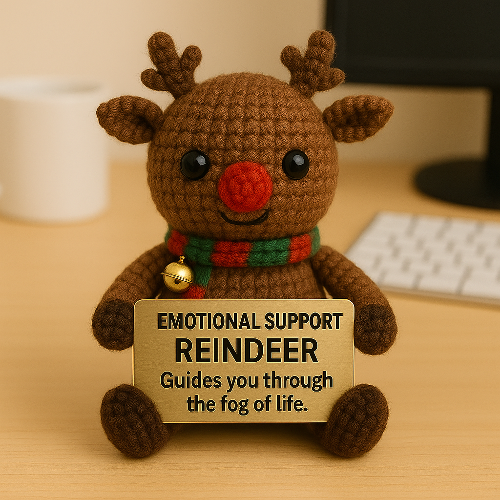 Knitted reindeer toy with a sign on a desk