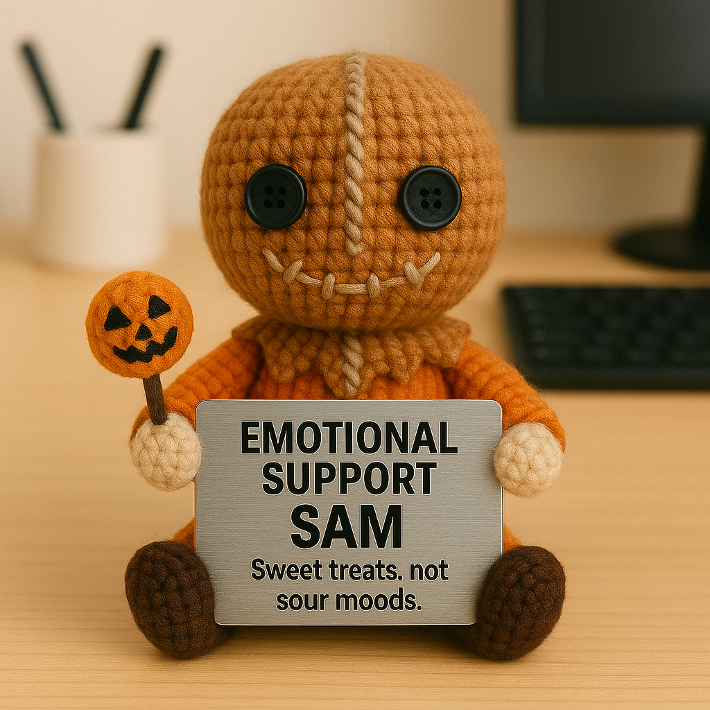 Crocheted voodoo doll with a sign labeled 'Emotional Support Sam' on a desk.