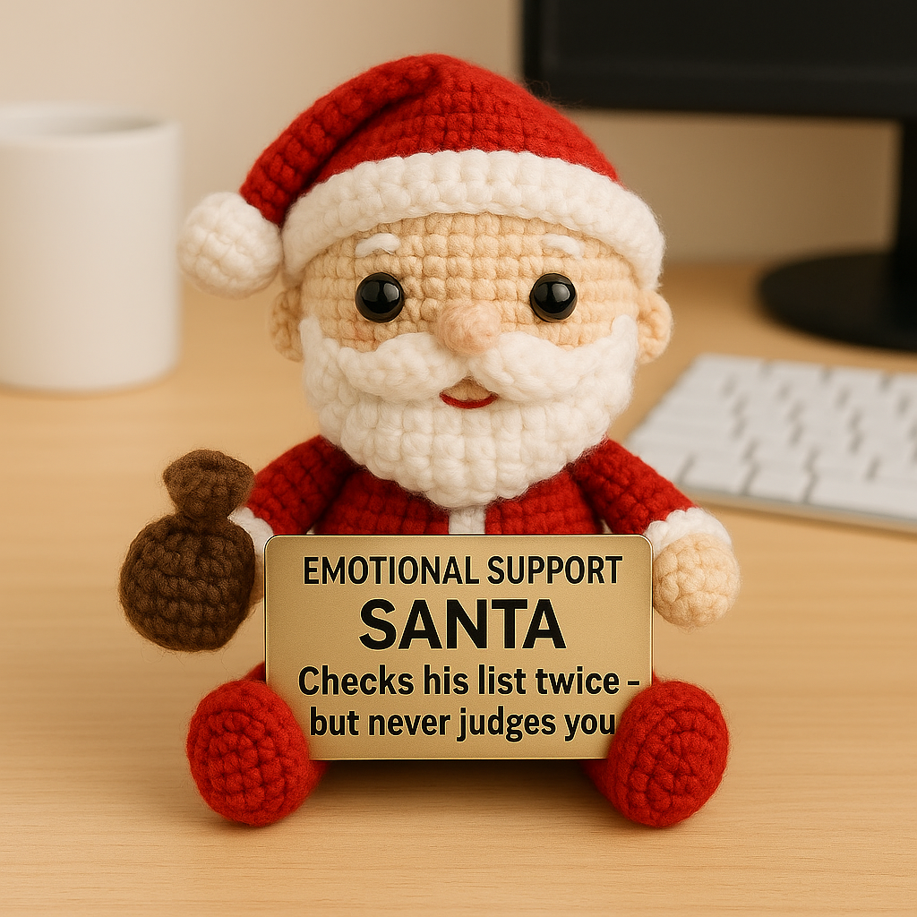 Crocheted Santa Claus toy holding a sign on a desk