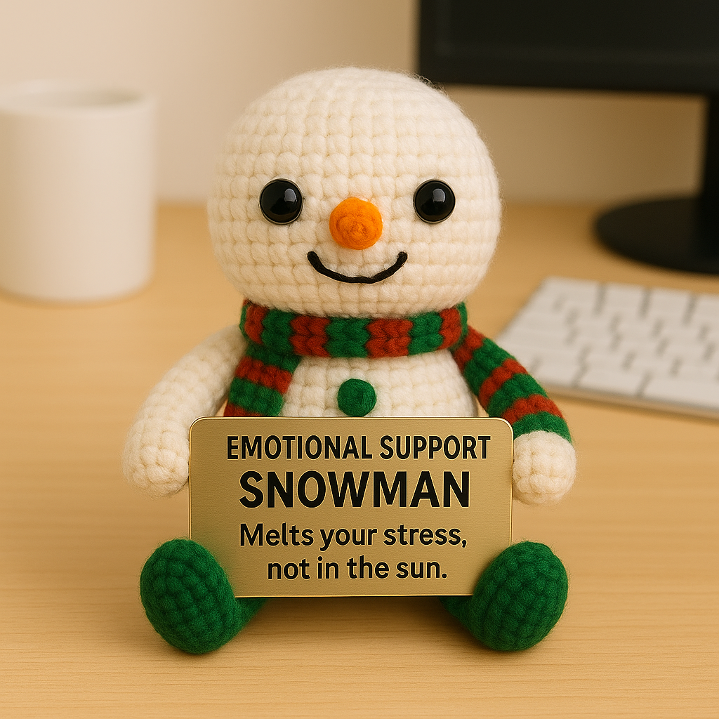 Knitted snowman toy with a sign on a desk