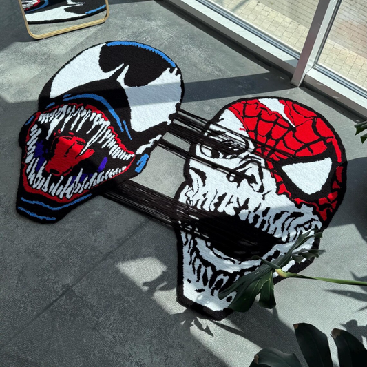 Pull-to-Reveal Venom vs Spider-Man Rug, Dual Mask to Skull Surprise, Handmade Tufted Custom Carpet