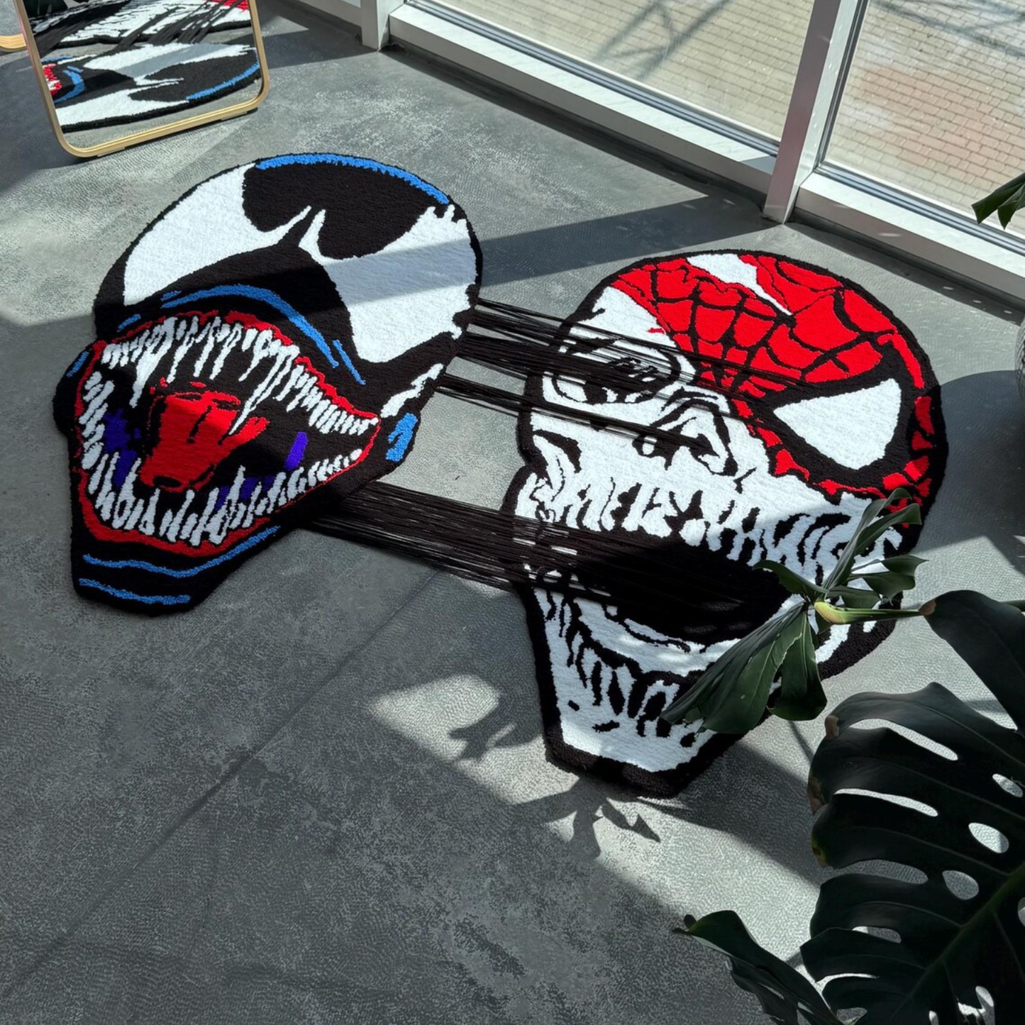 Pull-to-Reveal Venom vs Spider-Man Rug, Dual Mask to Skull Surprise, Handmade Tufted Custom Carpet