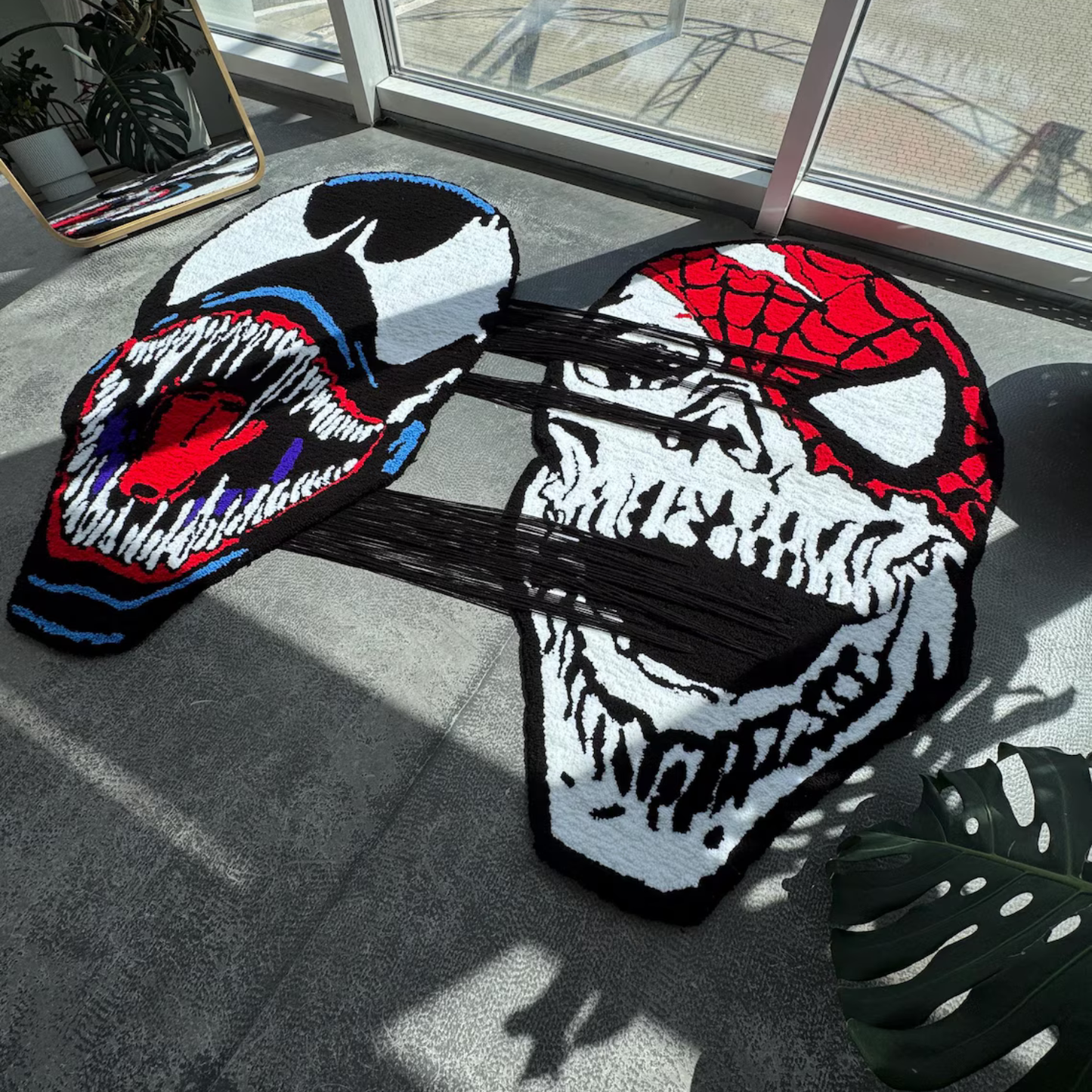 Pull-to-Reveal Venom vs Spider-Man Rug, Dual Mask to Skull Surprise, Handmade Tufted Custom Carpet