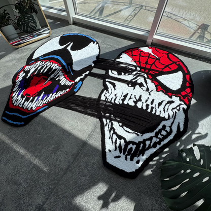 Pull-to-Reveal Venom vs Spider-Man Rug, Dual Mask to Skull Surprise, Handmade Tufted Custom Carpet