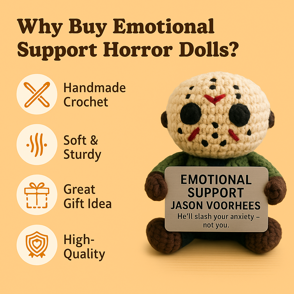 Crocheted doll resembling Jason Voorhees with text on a yellow background