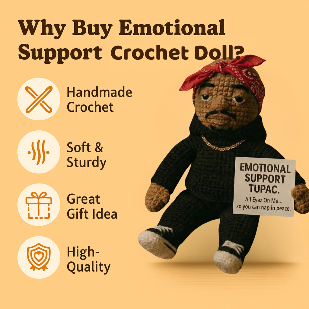 Emotional Support Tupac Crochet Doll, Funny Hip-Hop Amigurumi Plush Gift for Stress Relief & Home Decor