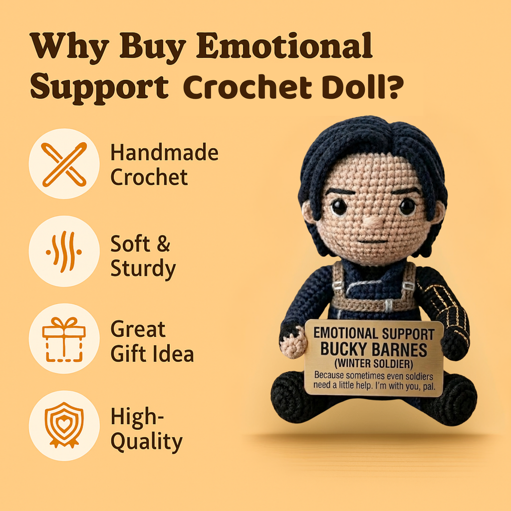 Emotional Support Bucky Barnes Crochet Doll with Wakanda Vibranium Arm