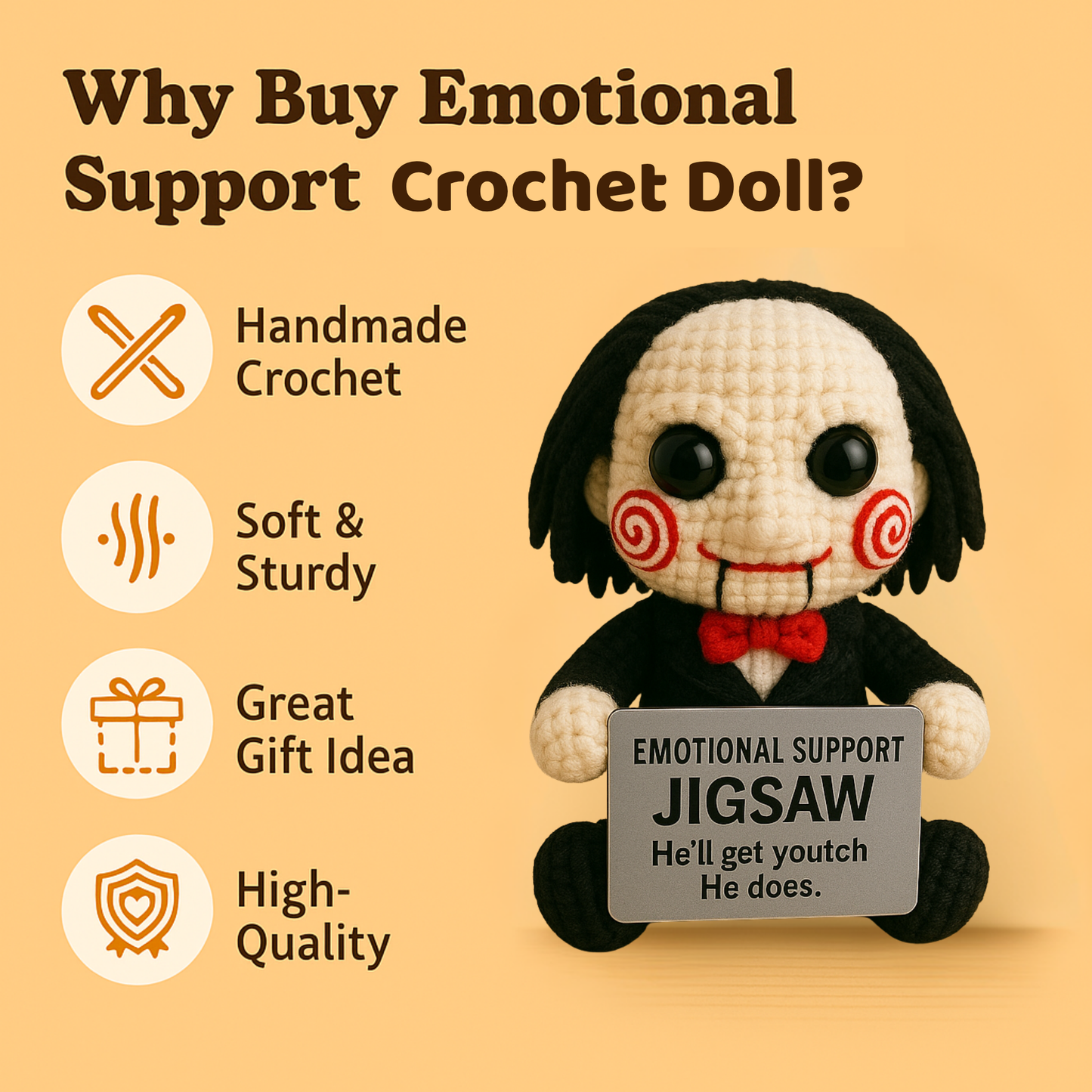 Emotional Support Jigsaw Crochet Doll, Creepy Cute Horror Plush Gift