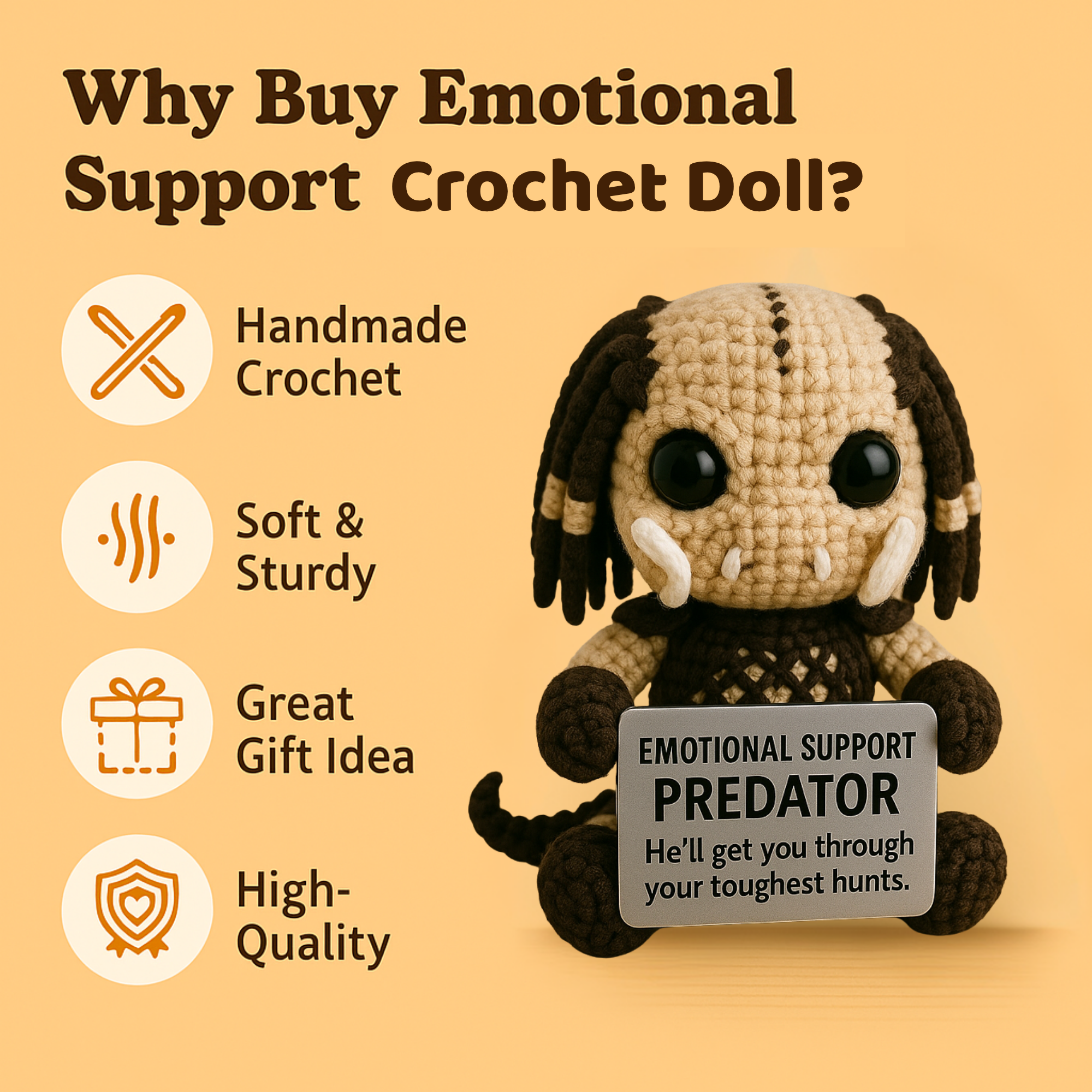 Emotional Support Predator, Handmade Crochet Alien Hunter Plush Doll