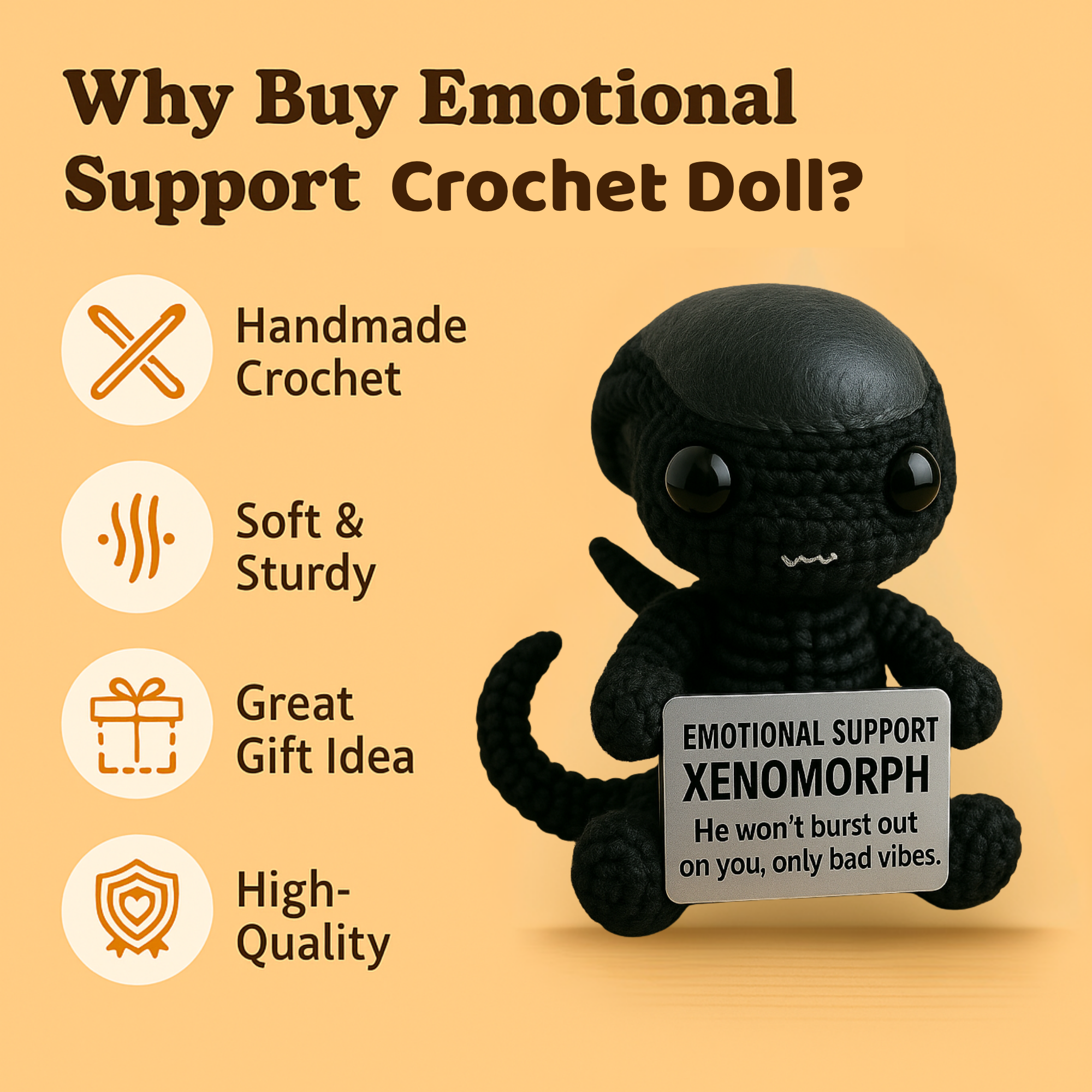 Emotional Support Xenomorph, Handmade Crochet Alien Plush Doll